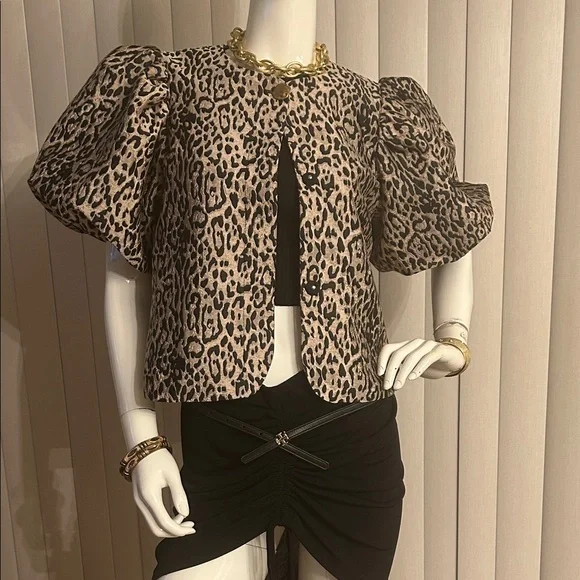 H&M Leopard Print Puff Sleeve Pea Coat - Picture 3 of 7